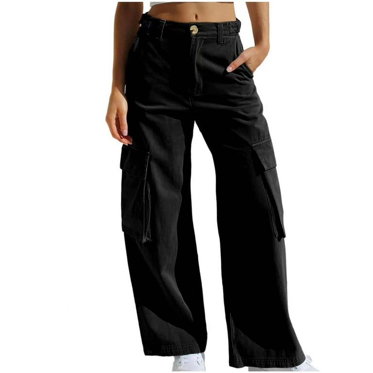 YYDGH Women's High Waisted Cargo Baggy Jeans Flap Pocket Side Denim Pants  Straight Leg Streetwear Trousers with Big Pockets Black XL 