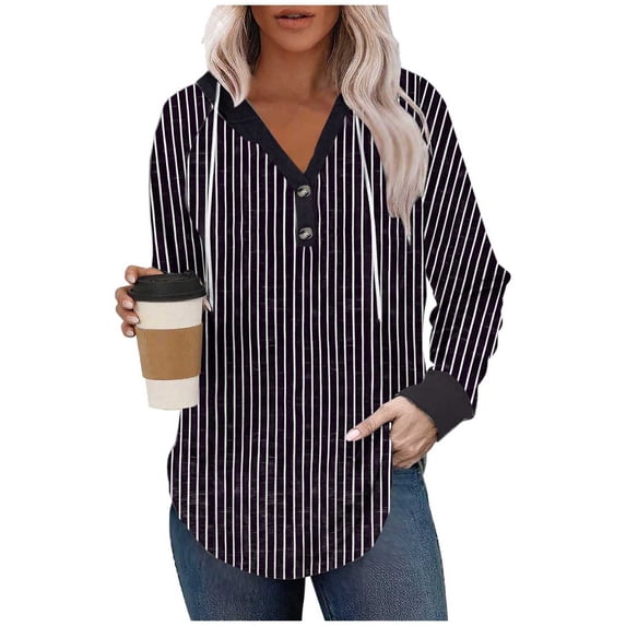 YYDGH Women's Hoodies Sweatshirts Striped Henley V Neck Button Hooded Pullover Tops Casual Lightweight Drawstring Long Sleeve Shirts Black S