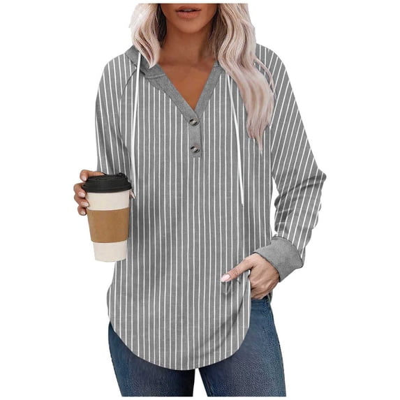 YYDGH Women's Hoodies Sweatshirts Striped Henley V Neck Button Hooded Pullover Tops Casual Lightweight Drawstring Long Sleeve Shirts Gray S