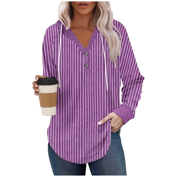 YYDGH Women's Hoodies Sweatshirts Striped Henley V Neck Button Hooded Pullover Tops Casual Lightweight Drawstring Long Sleeve Shirts Purple L