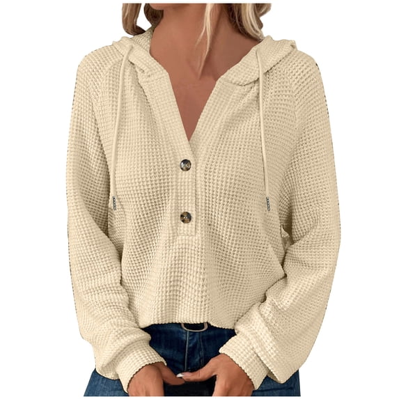 YYDGH Women's Hoodies Sweatshirts Waffle Knit Button V Neck Hoodie Pullover Casual Long Sleeve Hooded Tops Beige M