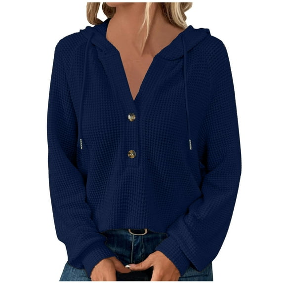 YYDGH Women's Hoodies Sweatshirts Waffle Knit Button V Neck Hoodie Pullover Casual Long Sleeve Hooded Tops Navy Blue M