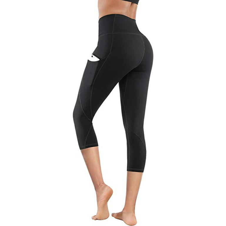 YYDGH Women's Knee Length Cotton Capri Leggings with Pockets, High Waisted  Casual Summer Yoga Workout Exercise Pants Black L