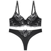 YYDGH Women's Lace Bra and Thong Set Push Up Underiwre Bras Embroidery Lace Lingerie Set Black L