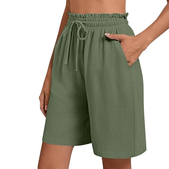 YYDGH Women's Linen Shorts Summer Casual Bermuda Wide Leg Shorts Mid Length High Waisted Drawstring Shorts with Pocket