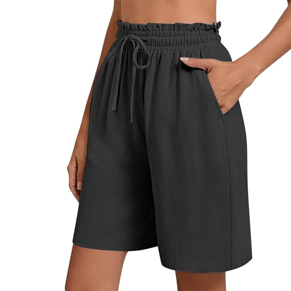 YYDGH Women's Linen Shorts Summer Casual Bermuda Wide Leg Shorts Mid Length High Waisted Drawstring Shorts with Pocket
