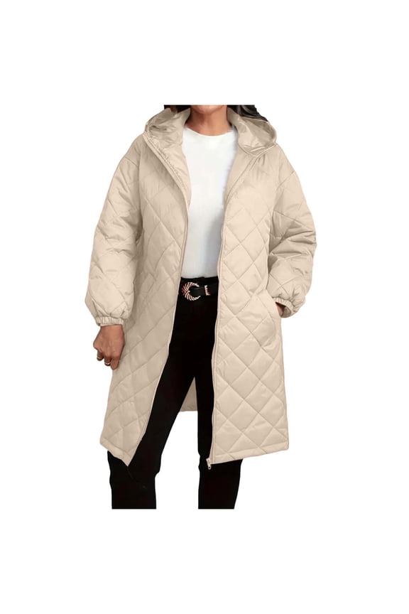 Women's Long Puffer Jackets Full Zip Hooded Diamond Quilted Jacket Lightweight Winter Warm Down Coat with Pockets