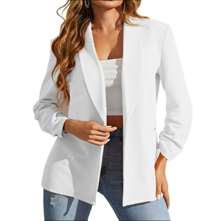 YYDGH Women s Long Sleeve Open Front Blazer Solid Color Casual Work Office Jacket White XXL
