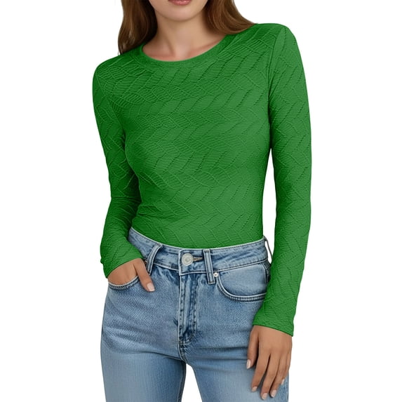 YYDGH Women's Long Sleeve T Shirts Crewneck Textured Fitted Basic Tee Tops Casual Solid Color Blouses Green L