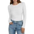 thumbnail image 1 of YYDGH Women's Long Sleeve T Shirts Crewneck Textured Fitted Basic Tee Tops Casual Solid Color Blouses White S, 1 of 8