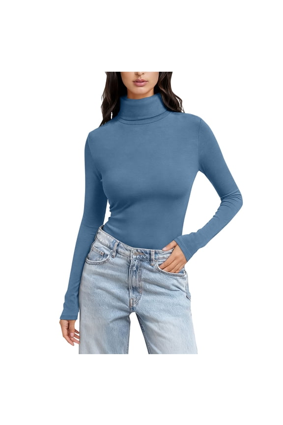 Women's Long Sleeve Turtleneck Shirts Casual Ribbed Basic Tee Slim Soft Thermal Tops Fall String Going Out Clothes Blue XXL