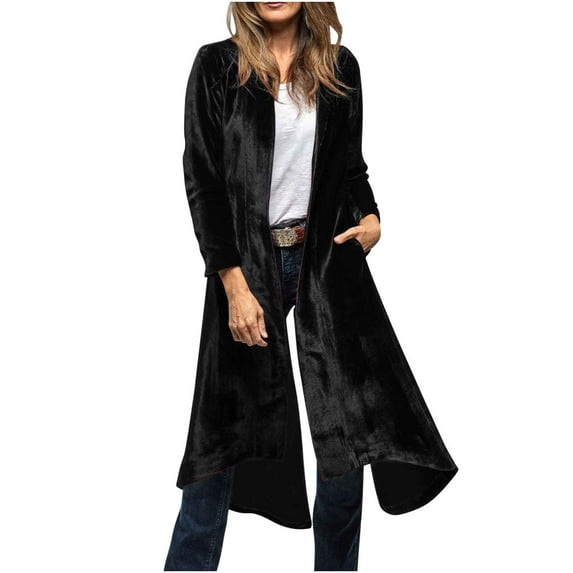 YYDGH Women's Long Velvet Cardigan Sweater Lapel Collar Open Front Trench Coat Vintage Blazer Suit Jacket with Pocket Black L