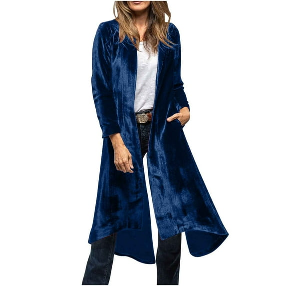 YYDGH Women's Long Velvet Cardigan Sweater Lapel Collar Open Front Trench Coat Vintage Blazer Suit Jacket with Pocket Navy Blue S