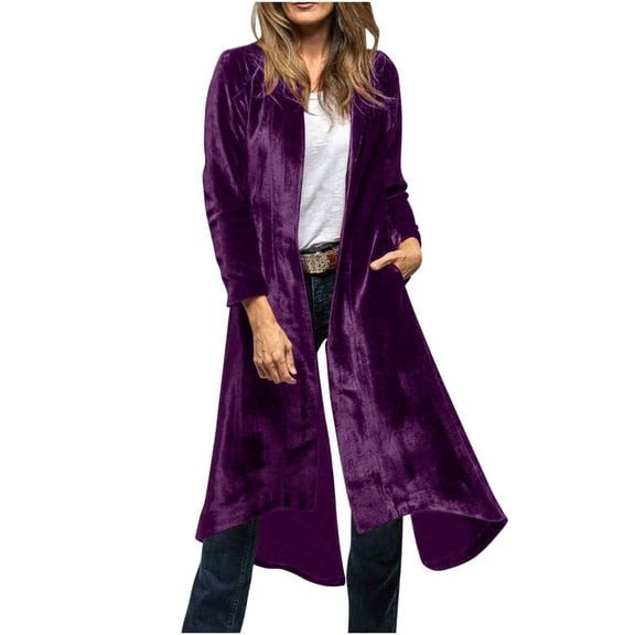 YYDGH Women's Long Velvet Cardigan Sweater Lapel Collar Open Front Trench Coat Vintage Blazer Suit Jacket with Pocket Purple S