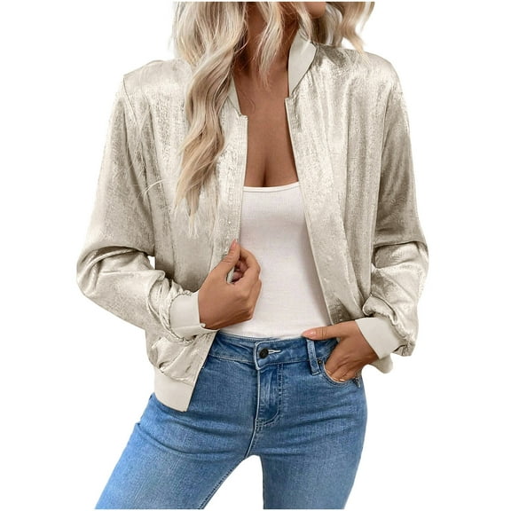 YYDGH Women's Metallic Bomber Jacket Long Sleeve Zip Up Baseball Jackets Lightweight Shiny Coats Party Club Outwear Beige M