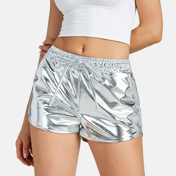 YYDGH Women's Metallic Shorts Shiny Pants Yoga Sparkly Hot Drawstring Outfit Elastic Waist Dance Silver S