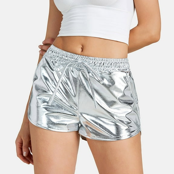 YYDGH Women's Metallic Shorts Shiny Pants Yoga Sparkly Hot Drawstring Outfit Elastic Waist Dance Silver S