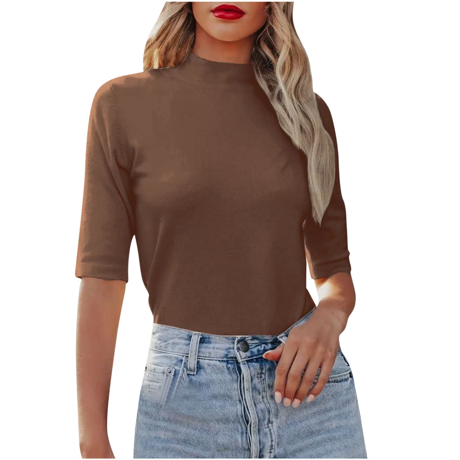 YYDGH Women's Mock Neck Half Sleeve Tops Slim Fit Ribbed Knit Tee T-Shirts  Casual Summer Turtleneck Business Tops Brown XXL