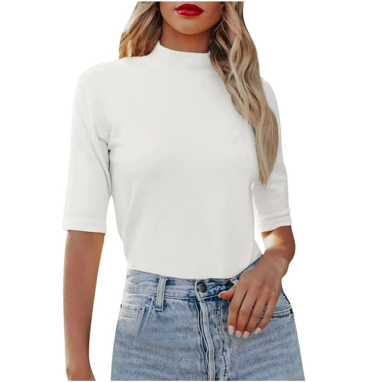 YYDGH Women's Mock Neck Half Sleeve Tops Slim Fit Ribbed Knit Tee T-Shirts  Casual Summer Turtleneck Business Tops White L