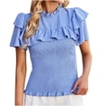 thumbnail image 1 of YYDGH Women's Mock Neck Ruffle Short Sleeve Shirred tops Summer Solid Smocked Peplum Hem Slim Fit T-Shirts Blue S, 1 of 8