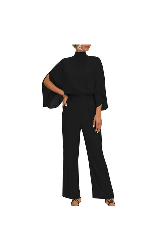 Women's Mock Neck Split Long Sleeve Jumpsuit High Waist Elegant Formal Wide Leg Long Pants Dressy Romper Black XL