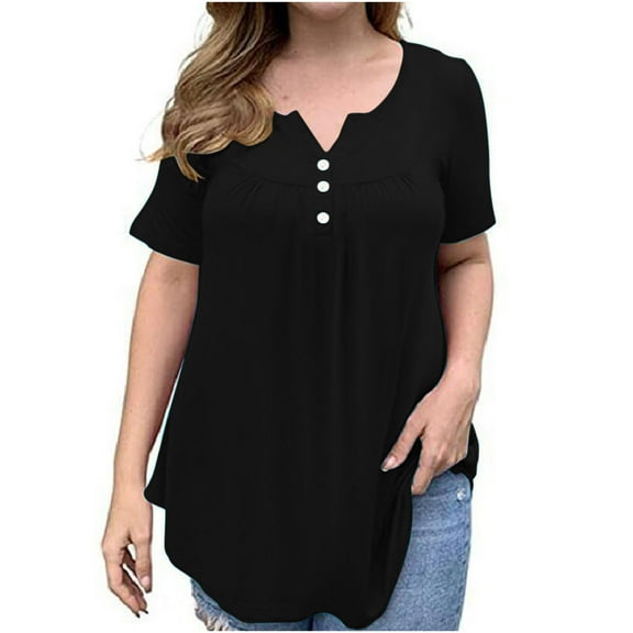 YYDGH Women's Plus Size Henley V Neck Button Up Tunic Tops Casual Short Sleeve Ruffle Blouse Shirts Black M