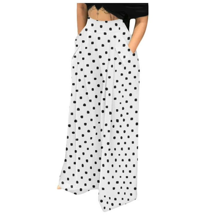 Yydgh Women s Polka Dot Palazzo Pants High Waisted Wide Leg Pants Hidden Zipper Loose Casual Trousers with Pockets S Size Small White
