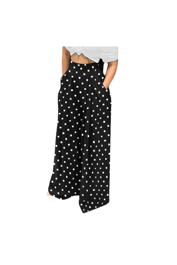 Women's Polka Dot Palazzo Pants High Waisted Wide Leg Pants Hidden Zipper Loose Casual Trousers with Pockets S