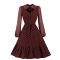 thumbnail image 1 of YYDGH Women's Polka Dots Vintage Cocktail Party Dress 1950s Retro Swiss Dots Mesh Puff Long Sleeve Ruffle Hem Swing Tea Dresses Wine L, 1 of 3