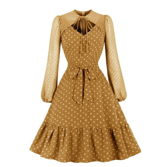 YYDGH Women's Polka Dots Vintage Cocktail Party Dress 1950s Retro Swiss Dots Mesh Puff Long Sleeve Ruffle Hem Swing Tea Dresses Yellow L