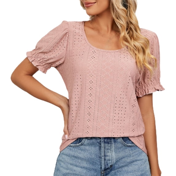 YYDGH Women's Puff Short Sleeve Tops Loose Blouse Eyelet Crewneck Casual Tops Pink L