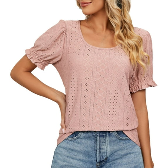 YYDGH Women's Puff Short Sleeve Tops Loose Blouse Eyelet Crewneck Casual Tops Pink M