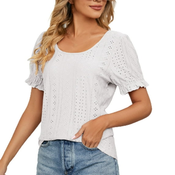 YYDGH Women's Puff Short Sleeve Tops Loose Blouse Eyelet Crewneck Casual Tops White L