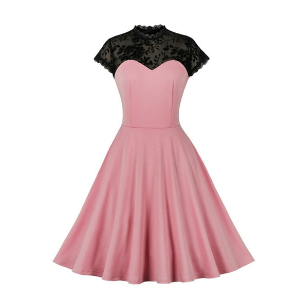 YYDGH Women's Retro 1950's Cocktail Dress Audrey Hepburn Vintage Dresses Mock Neck Floral Lace Rockabilly Swing Prom Evening Gown Pink M