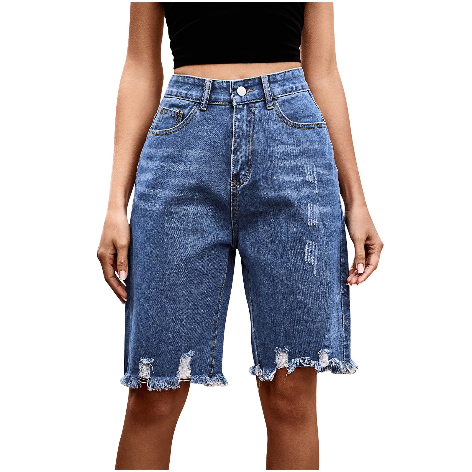 Ripped Denim Shorts Women Pocket Loose Fashion High Waist Knee Length Shorts  2022 Summer Casual Stretch Jeans Shorts Female - Shorts - AliExpress