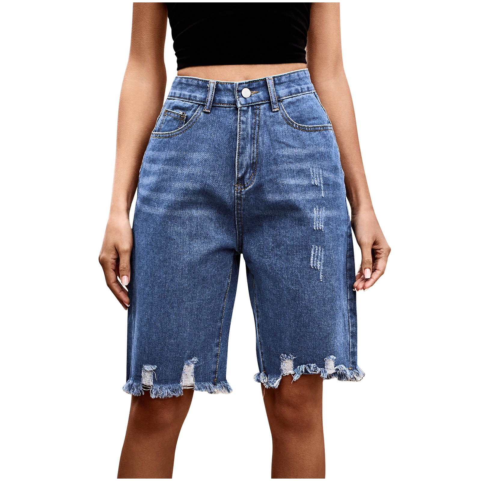 Ripped denim shorts knee length deals