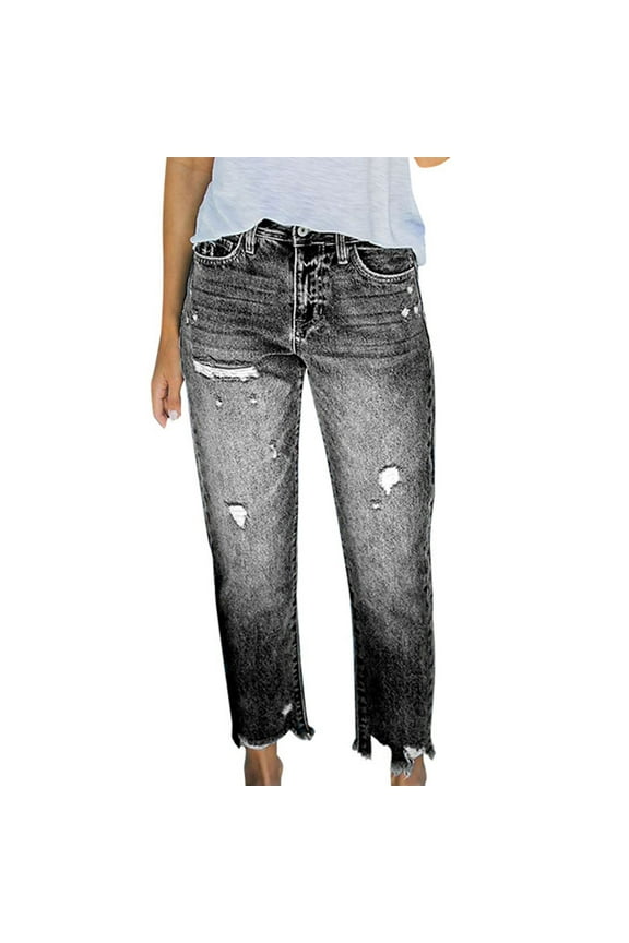 Women's Ripped Boyfriend Jeans Stretch Distressed Jeans Capri Mom Jean with Hole Black XXL