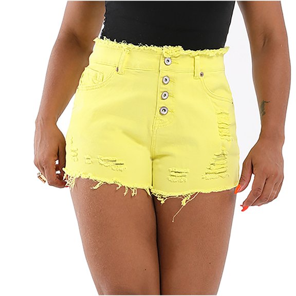 YYDGH Women's Ripped Denim Shorts Summer High Waist Distressed Stretchy Hot Jean Shorts Yellow L