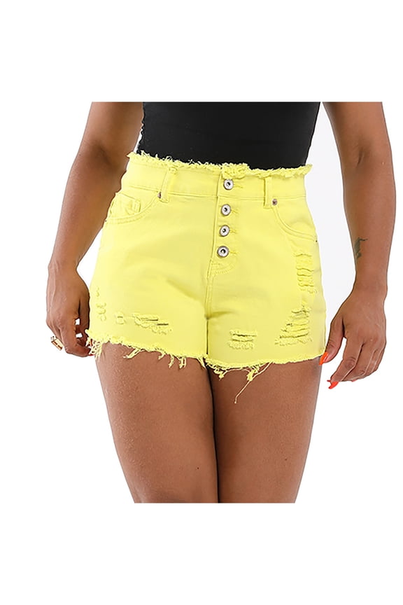 Women's Ripped Denim Shorts Summer High Waist Distressed Stretchy Hot Jean Shorts Yellow L