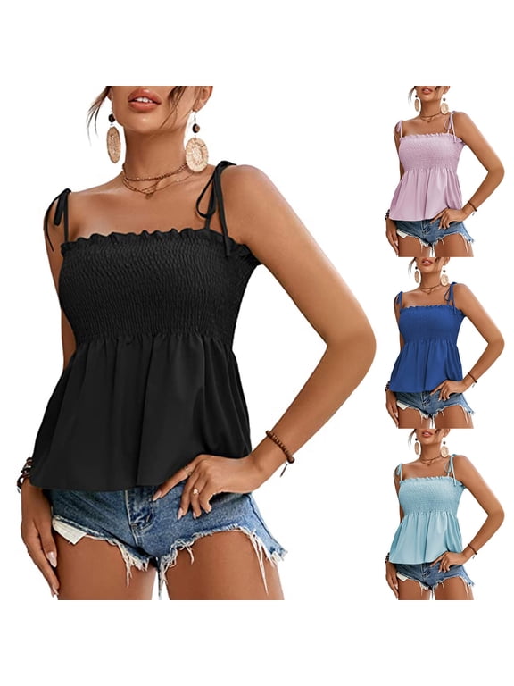 Women's Ruffle Smocked Tank Tops Tie Shoulder Spaghetti Strap Square Neck Cami Tops Summer Sleeveless Babydoll Peplum Blouse Shirts