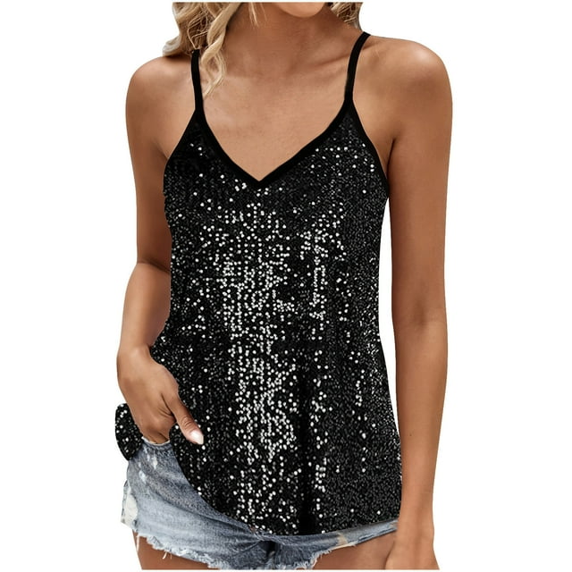 YYDGH Women's Sequin Cami Tank Tops V Neck Spaghetti Strap Glitter
