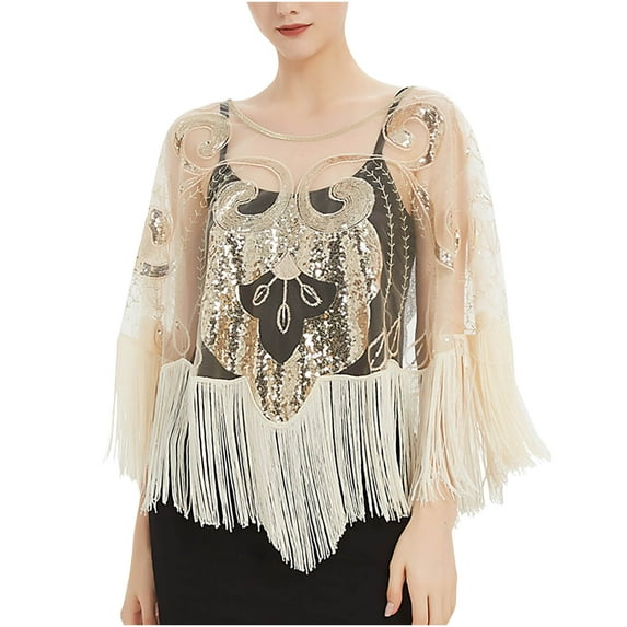 YYDGH Women's Shawl Wraps Sequin Lace Sheer Mesh Tassel Beaded Evening Cape Bridal Shawl for Evening Dresses Wedding Party Beige One Size
