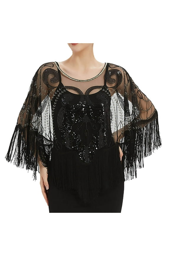 Women's Shawl Wraps Sequin Lace Sheer Mesh Tassel Beaded Evening Cape Bridal Shawl for Evening Dresses Wedding Party Black One Size
