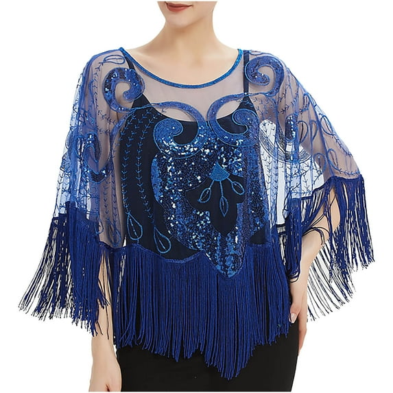 YYDGH Women's Shawl Wraps Sequin Lace Sheer Mesh Tassel Beaded Evening Cape Bridal Shawl for Evening Dresses Wedding Party Blue One Size