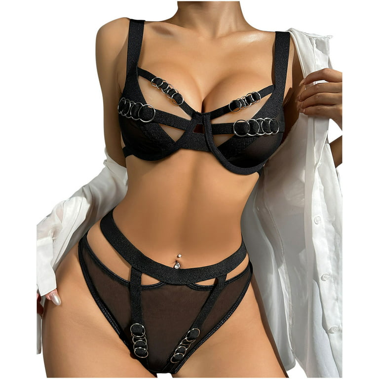 YYDGH Women's Sheer Mesh Bra and Panty Sets Underwire Lingerie Set  Nightwear Black-3 L 