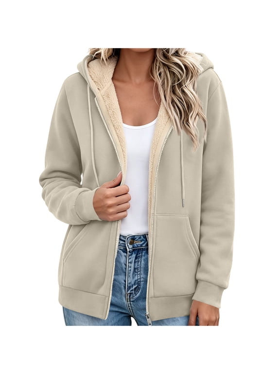Women's Sherpa Lined Zip Up Jacket Hooded Drawstring Winter Warm Thick Coat with Pockets Fuzzy Fleece Casual Oversized Outerwear