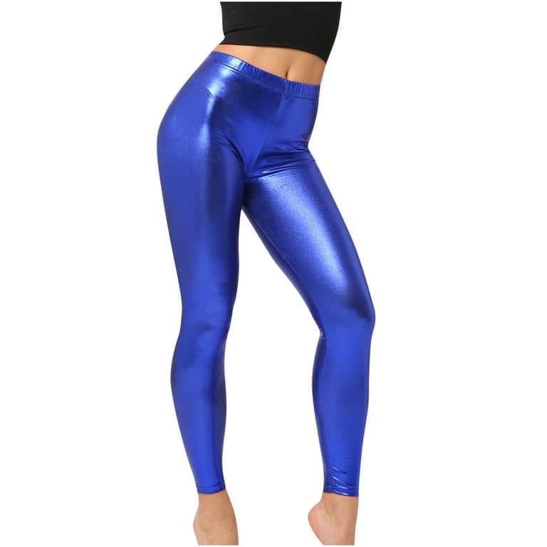 YYDGH Women's Shiny Metallic Leggings Sexy High Gloss Skinny Pants Faux  Leather Stretch Shaping Tights Trousers Blue XL 
