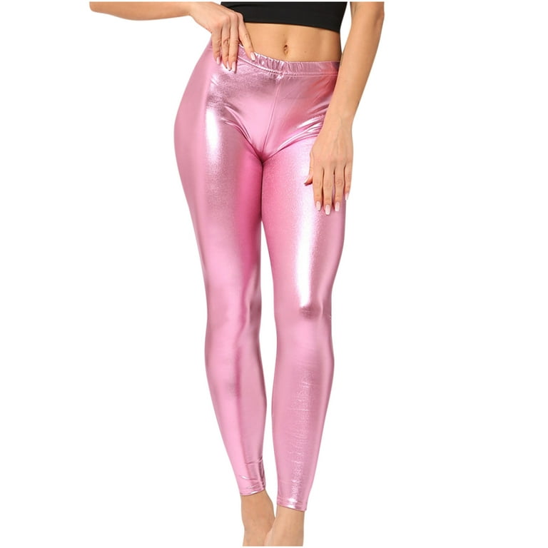 YYDGH Women's Shiny Metallic Leggings Sexy High Gloss Skinny Pants Faux  Leather Stretch Shaping Tights Trousers Pink L