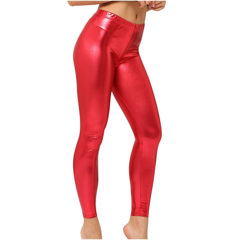 YYDGH Women's Shiny Metallic Leggings Sexy High Gloss Skinny Pants Faux  Leather Stretch Shaping Tights Trousers Red L 