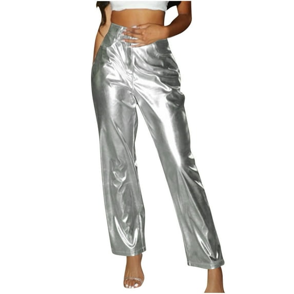 YYDGH Women's Shiny Metallic Rave Pants Straight Leg Faux Leather High Waist Pants with Pockets for Party Club Streetwear
